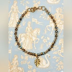 Metal Gold Ball Choker Necklace In Turquoise Blue And Brown With Leaf Pendant